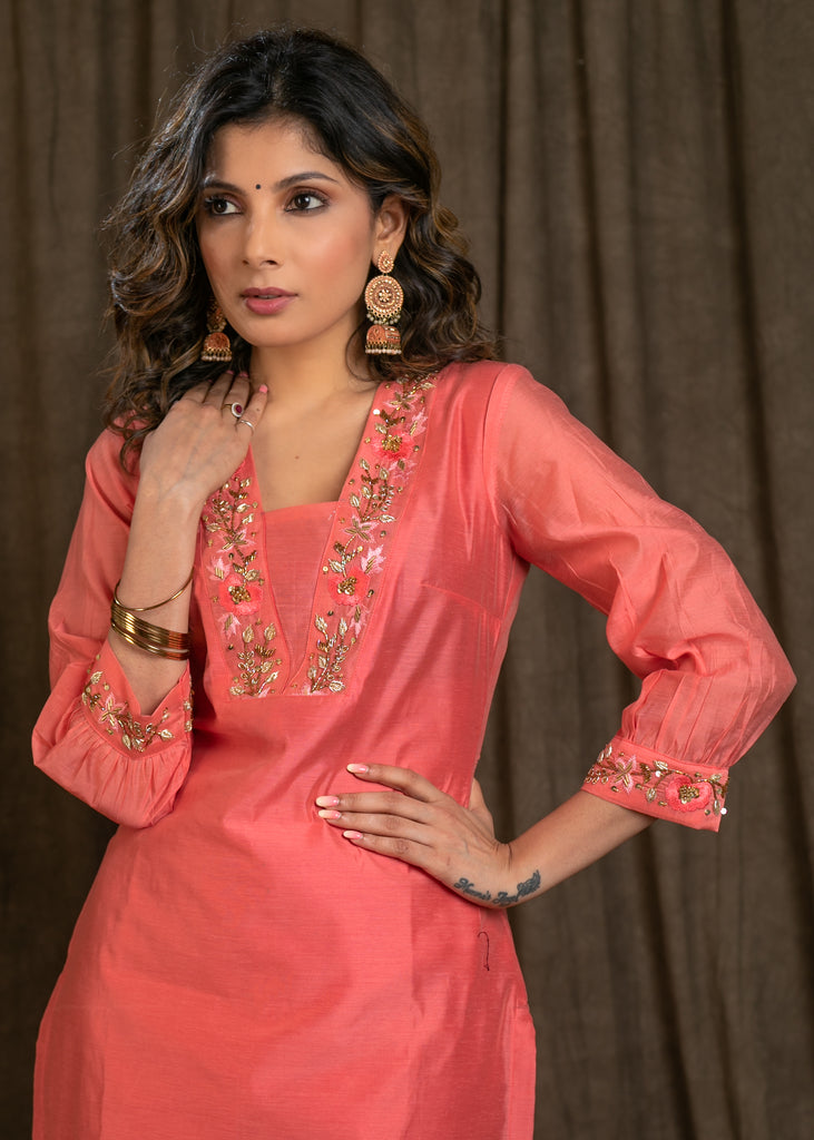 Pink zardozi work hand embroidered unstitched blouse piece online in India  - Shobhini.